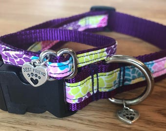 Best Friend Bracelet and Pet Collar Set in Dahlia floral print on Deep Purple Webbing.