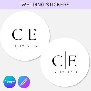 May include: Two white, circular wedding stickers. Each sticker features the initials "C|E" with the date "14.12.2019" below. The text "WEDDING STICKERS" is at the top. The Canva logo is visible.