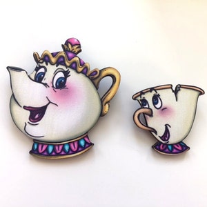 Mrs. Potts and Chip - Beauty and the Beast - Laser Cut Wood Brooch Pair