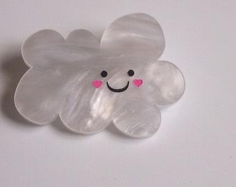 Happy Little Blushing Raincloud  - Painted White Pearlescent Laser Cut Acrylic Brooch