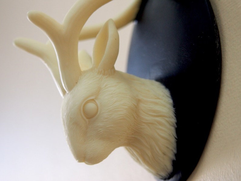 Ivory and Black Mounted Jackalope Head Wall Hanging image 1