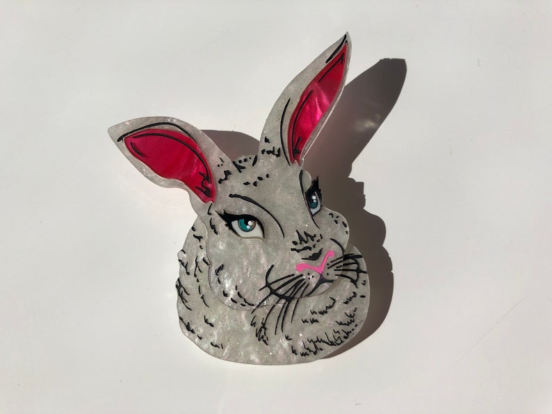 SALE Spring White Pearlescent Rabbit Laser Cut Acrylic Brooch image 3