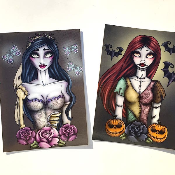 Emily - The Corpse Bride - Sally - A Nightmare Before Christmas - Postcard Pair