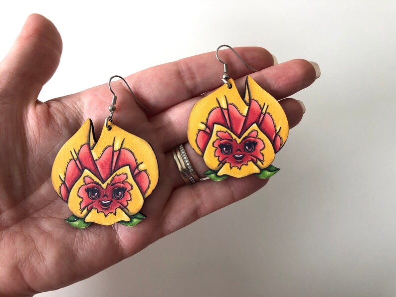 Pansies Flowers Alice in Wonderland Yellow and Orange Laser Cut Wood Dangle Earrings image 3