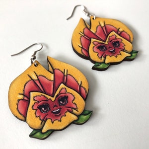 Pansies Flowers Alice in Wonderland Yellow and Orange Laser Cut Wood Dangle Earrings image 5