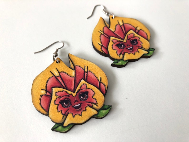 Pansies Flowers Alice in Wonderland Yellow and Orange Laser Cut Wood Dangle Earrings image 5