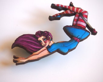 Trapeze Artist Girl Laser Cut Wood Brooch