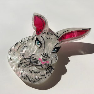 SALE Spring White Pearlescent Rabbit Laser Cut Acrylic Brooch image 4