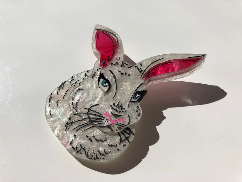 SALE Spring White Pearlescent Rabbit Laser Cut Acrylic Brooch image 4