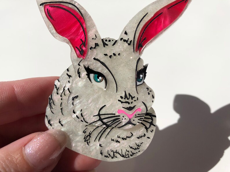 SALE Spring White Pearlescent Rabbit Laser Cut Acrylic Brooch image 5