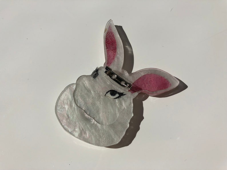 SALE Spring White Pearlescent Rabbit Laser Cut Acrylic Brooch image 6