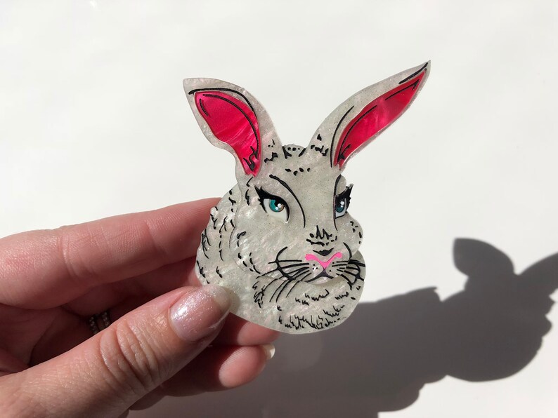 SALE Spring White Pearlescent Rabbit Laser Cut Acrylic Brooch image 1