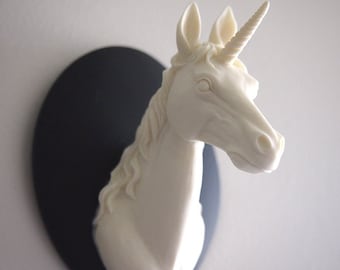 Ivory and Black Mounted Unicorn Head Wall Hanging