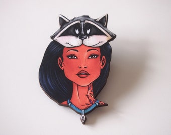 Hunted Pocahontas and Meeko - Laser Cut Wood Brooch