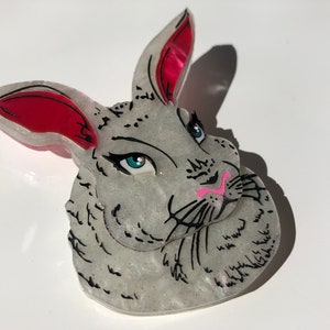 SALE Spring White Pearlescent Rabbit Laser Cut Acrylic Brooch image 2