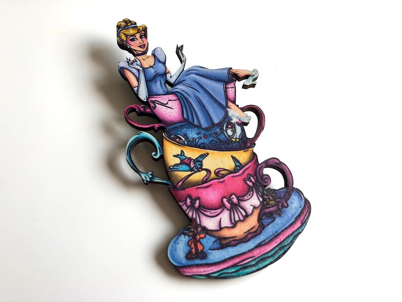 NEW LARGER Teacup Cinderella Laser Cut Wood Brooch image 3