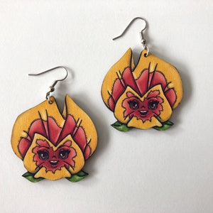 Pansies Flowers Alice in Wonderland Yellow and Orange Laser Cut Wood Dangle Earrings image 2