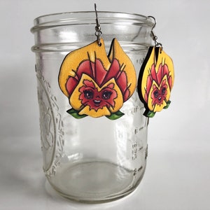 Pansies Flowers Alice in Wonderland Yellow and Orange Laser Cut Wood Dangle Earrings image 8