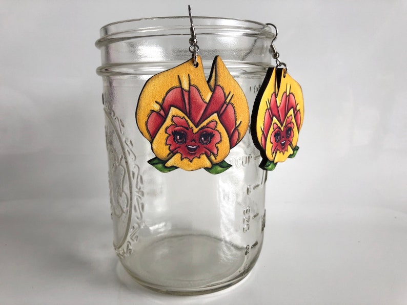 Pansies Flowers Alice in Wonderland Yellow and Orange Laser Cut Wood Dangle Earrings image 8