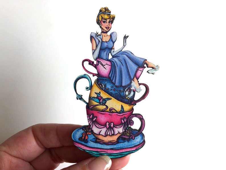 NEW LARGER Teacup Cinderella Laser Cut Wood Brooch image 1