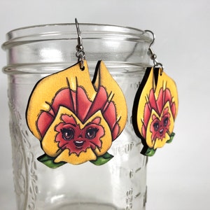 Pansies Flowers Alice in Wonderland Yellow and Orange Laser Cut Wood Dangle Earrings image 1