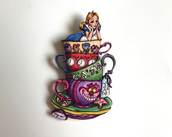 NEW LARGER Teacup Alice - Alice in Wonderland - Laser Cut Wood Brooch