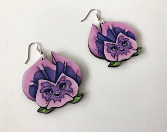 Pansies Flowers - Alice in Wonderland - Purple - Laser Cut Wood Dangle Earrings