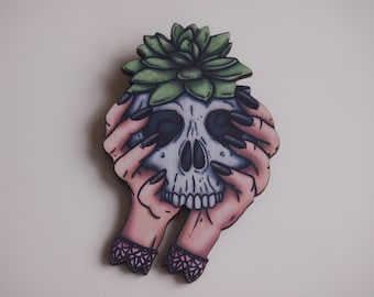 Skull Planter Succulent Laser Cut Wood Brooch