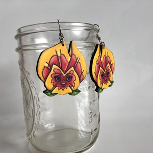 Pansies Flowers Alice in Wonderland Yellow and Orange Laser Cut Wood Dangle Earrings image 7