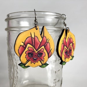 Pansies Flowers Alice in Wonderland Yellow and Orange Laser Cut Wood Dangle Earrings image 9