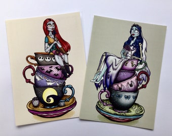 Teacup Emily - The Corpse Bride - Teacup Sally - A Nightmare Before Christmas Postcard Pair