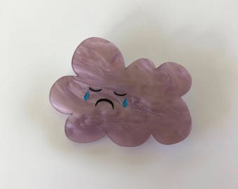 Grumpy Sad Rainy Cloud  - Painted Grey / Purple Pearlescent Laser Cut Acrylic Brooch