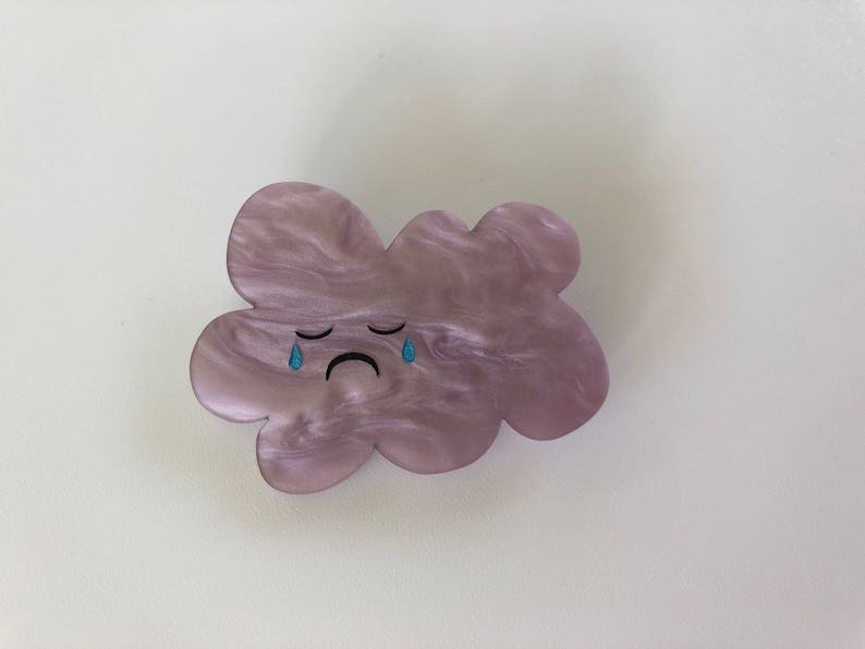 Grumpy Sad Rainy Cloud Painted Grey / Purple Pearlescent Laser Cut Acrylic Brooch image 3
