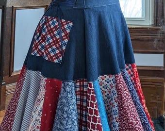 Handmade Denim Patchwork Skirt, Adjustable Waist, Midi Length