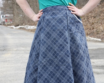 Plaid Jacquard Denim Maxi Skirt, Edwardian Style, Big Pockets