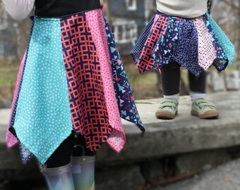 Handkerchief Skirt & Dress Set, Pink Blue Patchwork, Matching Sister Outfit