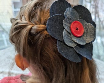 Upcycled Denim Flower Hair Clip, Girls Hair Piece