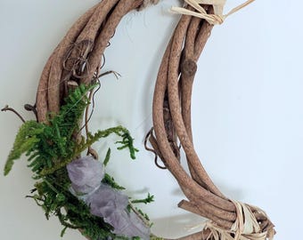 Dreamcatcher crescent moon vines with amethyst and petrified moss Small