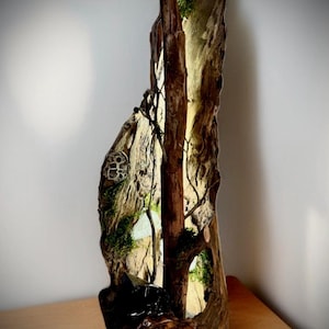 Op de afbeelding: Een unieke, handgemaakte houten sculptuur met een miniatuur bosscène. De sculptuur is gemaakt van een groot stuk verweerd hout, met een uitgehold interieur dat een klein, verlicht landschap met mos en miniatuurbomen onthult. Het kleurenpalet bestaat uit natuurlijke bruin- en groentinten.