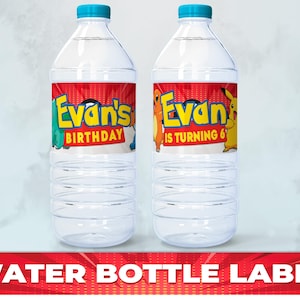 May include: Two clear plastic water bottles with red, yellow, and blue labels. The labels feature a cartoon character and the text "Evan's Birthday" and "Evan is turning 6".