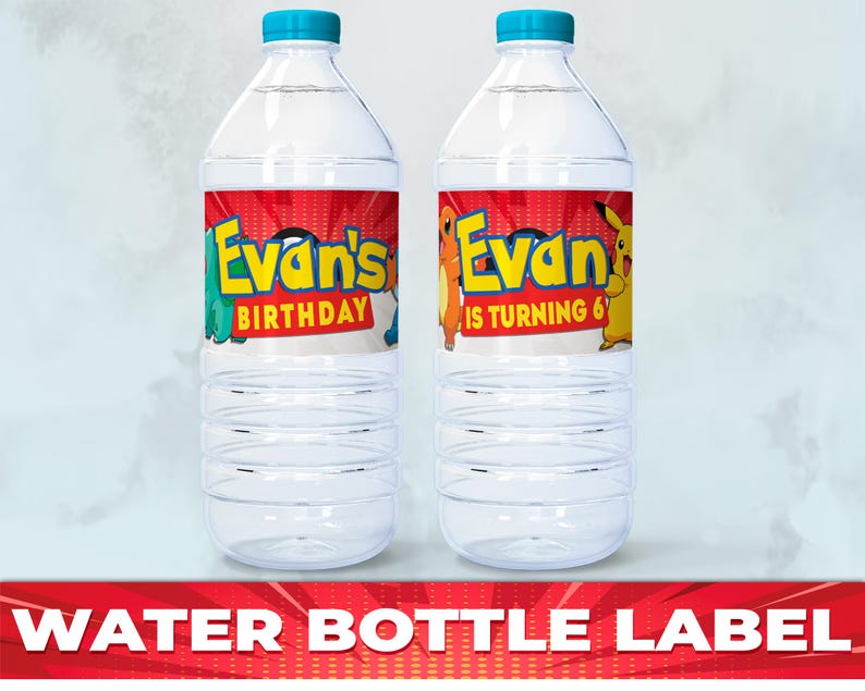 May include: Two clear plastic water bottles with red, yellow, and blue labels. The labels feature a cartoon character and the text "Evan's Birthday" and "Evan is turning 6".