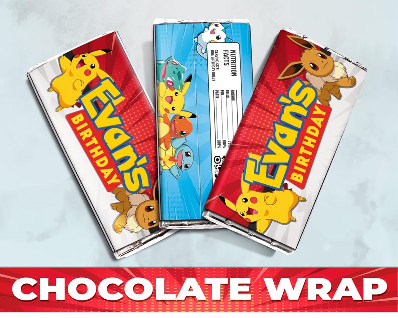 May include: Three chocolate bar wrappers featuring a red and white comic book style background with a Pokemon character theme. The wrappers have the text "Evan's Birthday" printed on them.