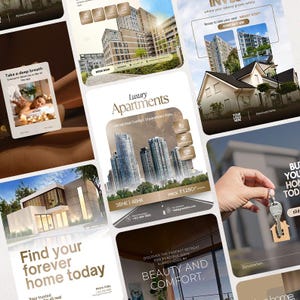 Op de afbeelding: Een collage van vastgoedmarketingmaterialen. Afbeeldingen tonen luxe appartementen, moderne huizen en tekst zoals "Vind vandaag nog je forever home" en "Luxury Apartments". Het thema is onroerend goed en investeringen.