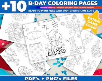Personalized Sonic Birthday Coloring Pages & Games Bundle (PDF/PNG)