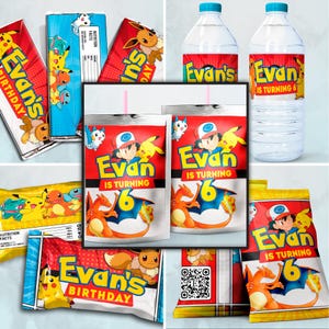 May include: A set of printable party favor labels featuring a Pokemon theme. The labels are red, yellow, and black with a cartoon image of a Pokemon character. The labels include the text "Evan is turning 6".