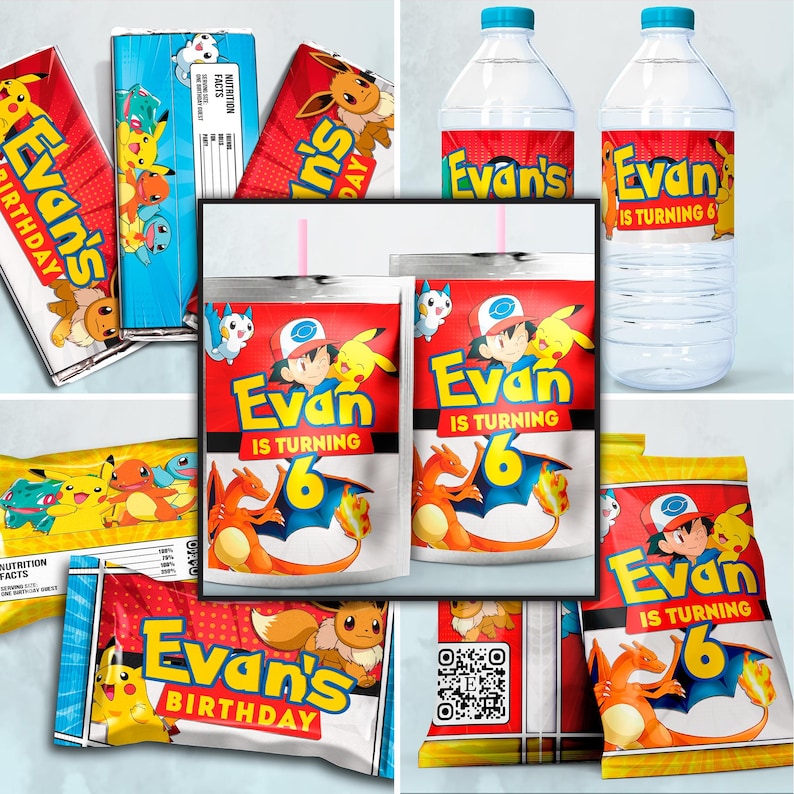 May include: A set of printable party favor labels featuring a Pokemon theme. The labels are red, yellow, and black with a cartoon image of a Pokemon character. The labels include the text "Evan is turning 6".