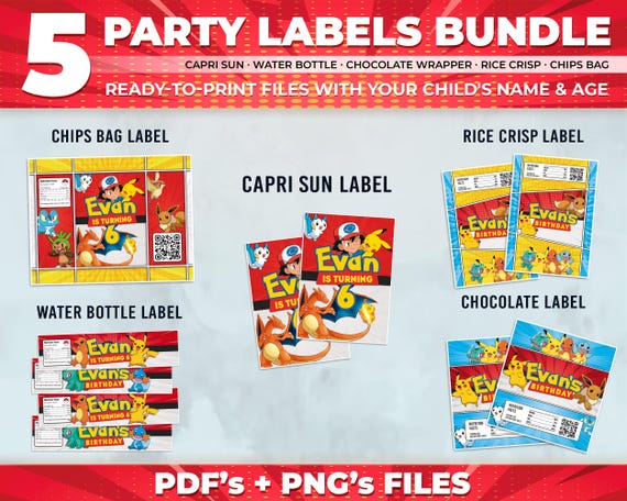 Personalized Poke Birthday Party Labels Bundle (Digital Download)