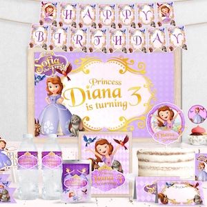 May include: Purple and gold birthday party decorations with a princess theme. The decorations feature a banner that says "Happy Birthday", a cake with a purple and gold design, and a sign that says "Princess Diana 3 is turning".