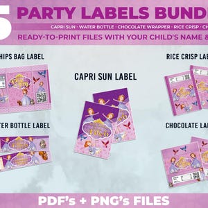 Może przedstawiać: Zestaw 5 drukowanych etykiet na przyjęcie w stylu księżniczki. Etykiety są do Capri Sun, butelek z wodą, opakowań na czekoladę, chrupek ryżowych i torebek z chipsami. Etykiety są różowe i fioletowe z ilustracją księżniczki i tekstem "To moja impreza!" i "Elle 6".