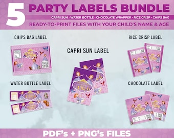 Princess Sofia Birthday Labels Bundle: Personalized Party Decor (PDF)